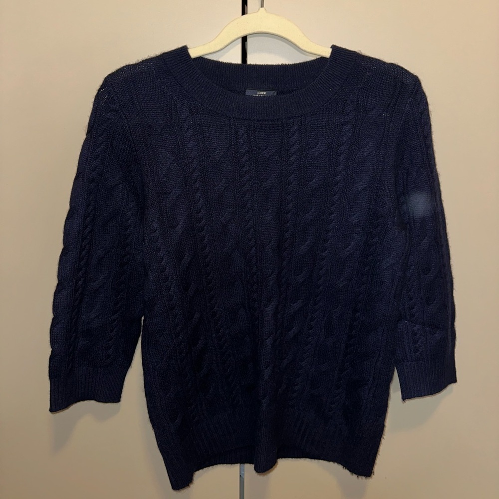 J Crew 100% Cashmere Women's Navy Cable Knit Sweater 3/4 sleeve size Medium